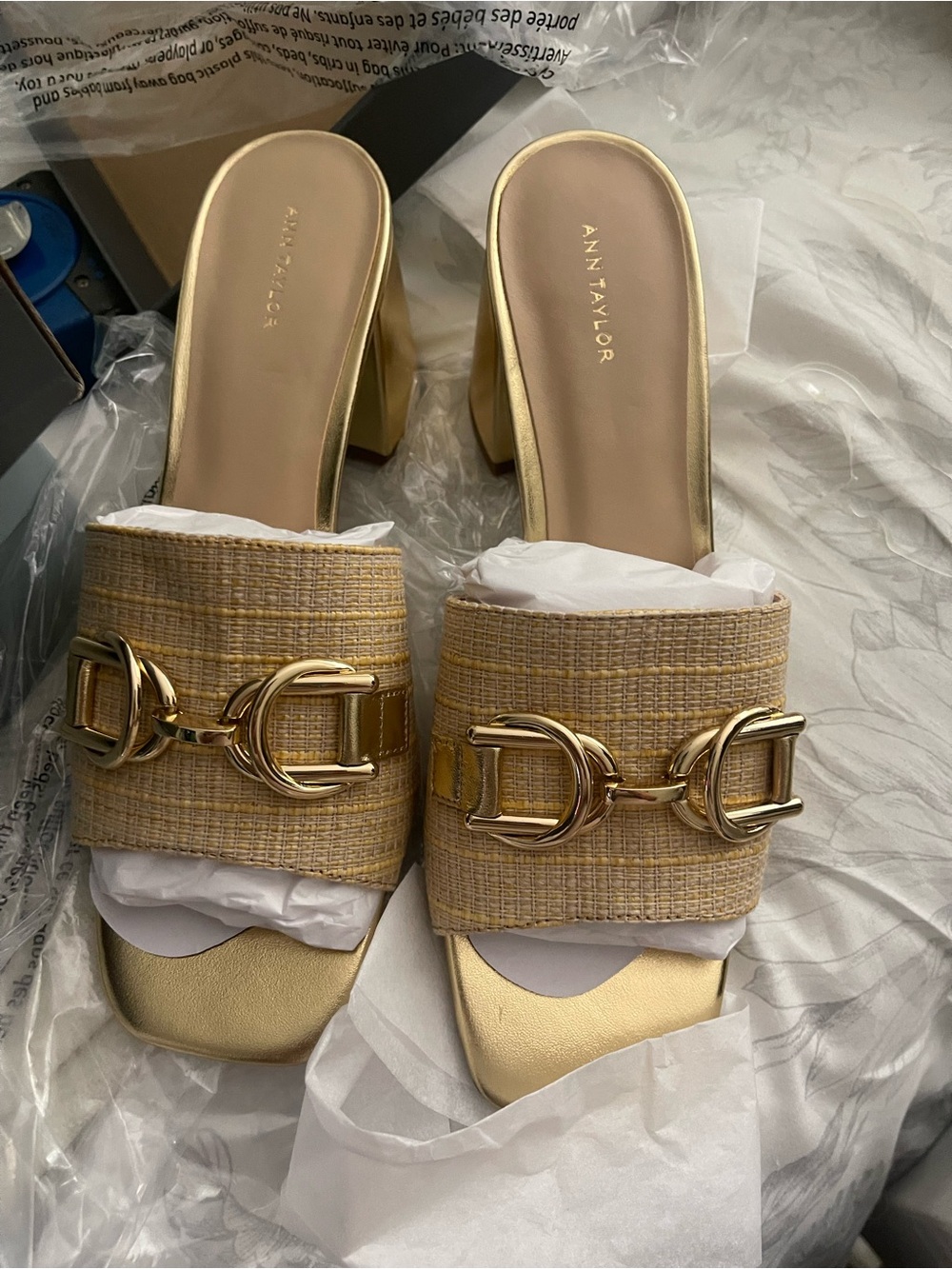 Ann Taylor Gold Raffia-Textured Buckle Slide Mules